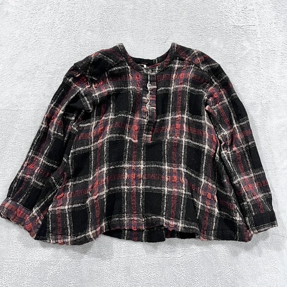 Free People Wool Blend Shirt Womens‎ L (Fits Like S-M) Plaid Top Blouse Mature